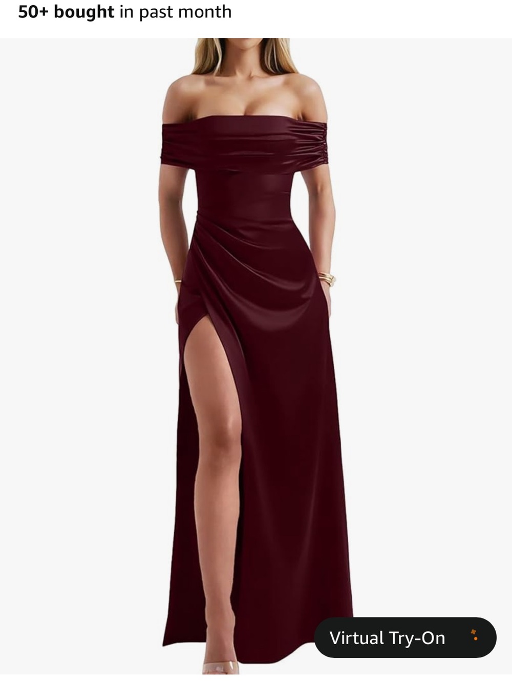 Off-Shoulder Burgundy Evening Gown with Thigh Slit